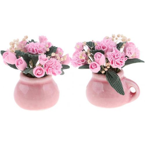 제네릭 Generic Lot 2 Dollhouse Miniature Ornament Pink Flowers in Glass Vase 1:12 Dollhouse