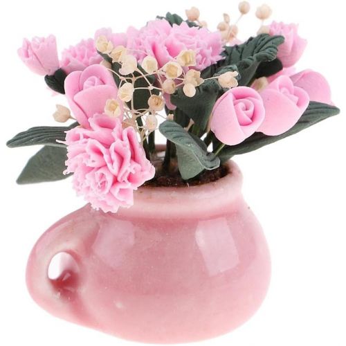 제네릭 Generic Lot 2 Dollhouse Miniature Ornament Pink Flowers in Glass Vase 1:12 Dollhouse