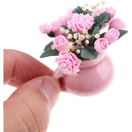 제네릭 Generic Lot 2 Dollhouse Miniature Ornament Pink Flowers in Glass Vase 1:12 Dollhouse