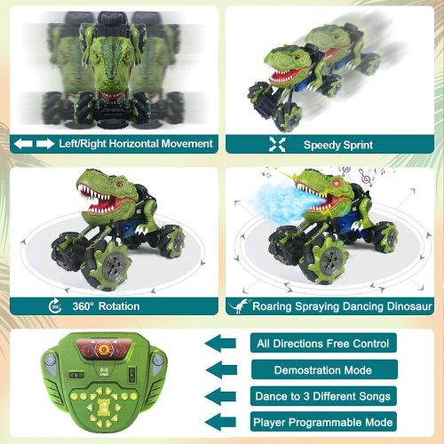 제네릭 Generic Remote Control Dinosaur Car, RC T-Rex 11 Inch Powerful Drift Truck Toy for Boys, Flash Roar Spray & Programmable 2 Rechargeable Batteries 4WD 2.4Ghz