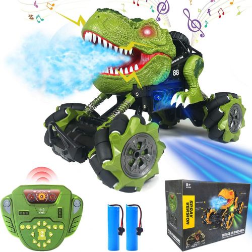 제네릭 Generic Remote Control Dinosaur Car, RC T-Rex 11 Inch Powerful Drift Truck Toy for Boys, Flash Roar Spray & Programmable 2 Rechargeable Batteries 4WD 2.4Ghz