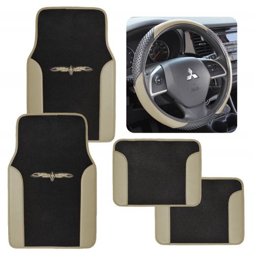 제네릭 Generic 4 piece Beige Tan-Black Trim Car Floor Mats and Speed Grip Steering wheel cover