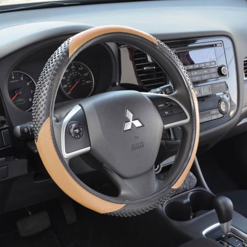 제네릭 Generic 4 piece Beige Tan-Black Trim Car Floor Mats and Speed Grip Steering wheel cover