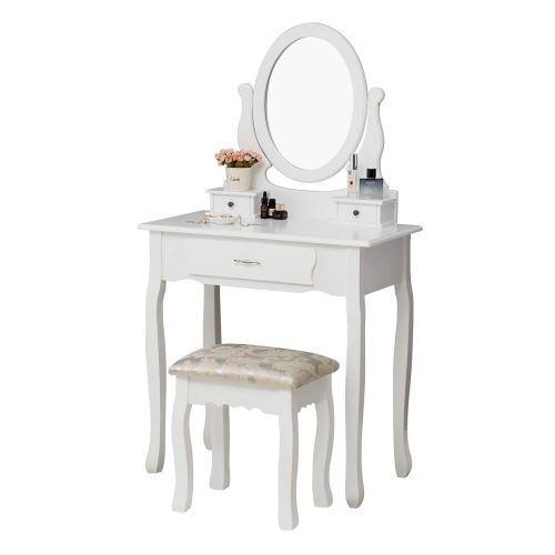 제네릭 Generic HONBAY Makeup Vanity Table Set, Cushioned Stool and Surprise Gift Makeup Organizer with Oval Mirror, 3 Drawers Dressing Table White (White)