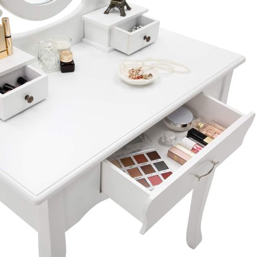 제네릭 Generic HONBAY Makeup Vanity Table Set, Cushioned Stool and Surprise Gift Makeup Organizer with Oval Mirror, 3 Drawers Dressing Table White (White)