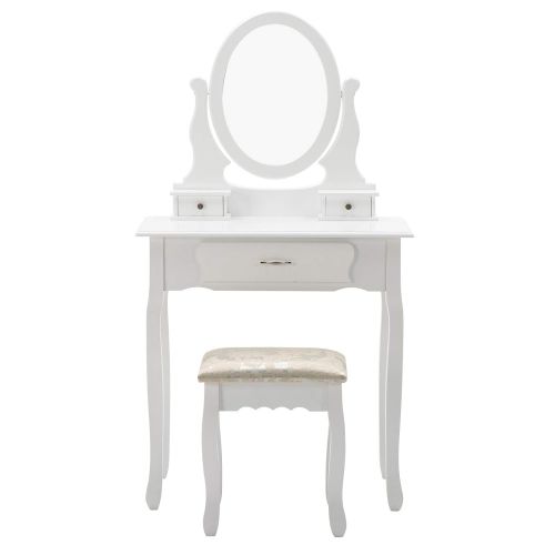 제네릭 Generic HONBAY Makeup Vanity Table Set, Cushioned Stool and Surprise Gift Makeup Organizer with Oval Mirror, 3 Drawers Dressing Table White (White)