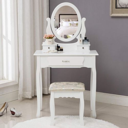 제네릭 Generic HONBAY Makeup Vanity Table Set, Cushioned Stool and Surprise Gift Makeup Organizer with Oval Mirror, 3 Drawers Dressing Table White (White)