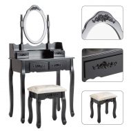 Generic HONBAY Makeup Vanity Table Set and Cushioned Stool with Oval Mirror, 4 Drawers Dressing Table (Black)
