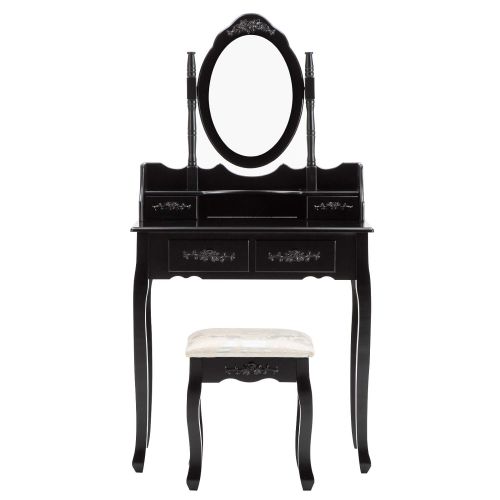 제네릭 Generic HONBAY Makeup Vanity Table Set and Cushioned Stool with Oval Mirror, 4 Drawers Dressing Table (Black)