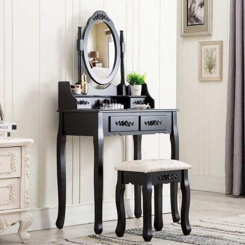 제네릭 Generic HONBAY Makeup Vanity Table Set and Cushioned Stool with Oval Mirror, 4 Drawers Dressing Table (Black)