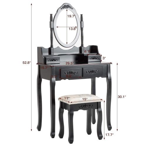 제네릭 Generic HONBAY Makeup Vanity Table Set and Cushioned Stool with Oval Mirror, 4 Drawers Dressing Table (Black)