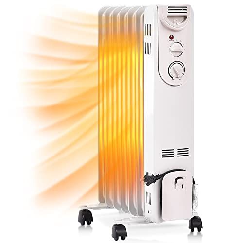 제네릭 Generic Hysache 1500W Oil Filled Radiator Heater, Portable Space Heater w/ 3 Heat Settings & Adjustable Thermostat, Overheat & Tip-Over Protection, Electric Heater for Bedroom, Easy Moveme