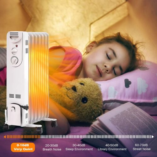 제네릭 Generic Hysache 1500W Oil Filled Radiator Heater, Portable Space Heater w/ 3 Heat Settings & Adjustable Thermostat, Overheat & Tip-Over Protection, Electric Heater for Bedroom, Easy Moveme