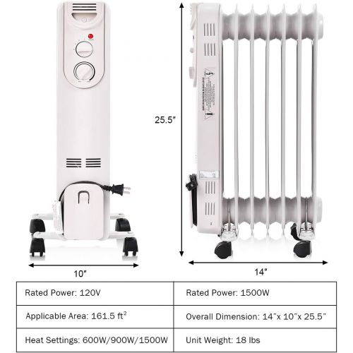 제네릭 Generic Hysache 1500W Oil Filled Radiator Heater, Portable Space Heater w/ 3 Heat Settings & Adjustable Thermostat, Overheat & Tip-Over Protection, Electric Heater for Bedroom, Easy Moveme