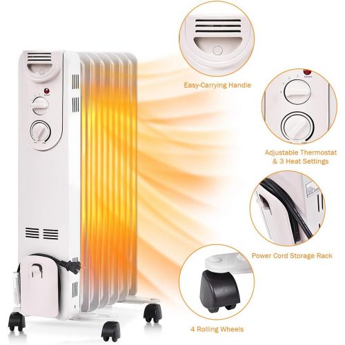 제네릭 Generic Hysache 1500W Oil Filled Radiator Heater, Portable Space Heater w/ 3 Heat Settings & Adjustable Thermostat, Overheat & Tip-Over Protection, Electric Heater for Bedroom, Easy Moveme