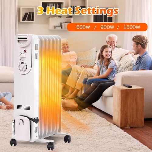 제네릭 Generic Hysache 1500W Oil Filled Radiator Heater, Portable Space Heater w/ 3 Heat Settings & Adjustable Thermostat, Overheat & Tip-Over Protection, Electric Heater for Bedroom, Easy Moveme