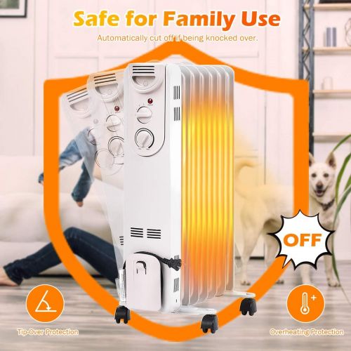 제네릭 Generic Hysache 1500W Oil Filled Radiator Heater, Portable Space Heater w/ 3 Heat Settings & Adjustable Thermostat, Overheat & Tip-Over Protection, Electric Heater for Bedroom, Easy Moveme