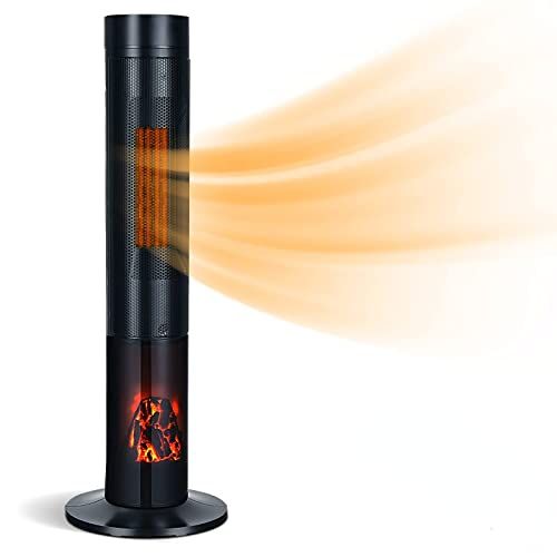 제네릭 Generic Salches 1500W Ceramic Space Heater, Electric Tower Heater w/Overheat & Tip-Over Protection, 34” Portable PTC Heater w/3D Flame, Remote, 4 Modes & 12H Timer, Oscillating Slim Heater