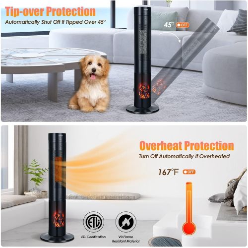 제네릭 Generic Salches 1500W Ceramic Space Heater, Electric Tower Heater w/Overheat & Tip-Over Protection, 34” Portable PTC Heater w/3D Flame, Remote, 4 Modes & 12H Timer, Oscillating Slim Heater