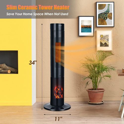 제네릭 Generic Salches 1500W Ceramic Space Heater, Electric Tower Heater w/Overheat & Tip-Over Protection, 34” Portable PTC Heater w/3D Flame, Remote, 4 Modes & 12H Timer, Oscillating Slim Heater