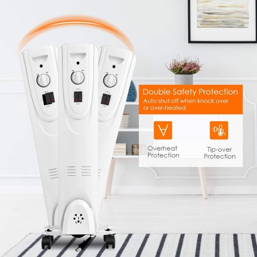 제네릭 Generic Hysache 1500W Oil Filled Radiator Heater, Portable Space Heater with 3 Heating Mode, Adjustable Thermostat, Tip-Over & Overheat Protection, Electric Energy-Saving Heater for Home,