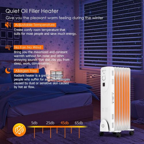 제네릭 Generic Hysache 1500W Oil Filled Radiator Heater, Portable Space Heater with 3 Heating Mode, Adjustable Thermostat, Tip-Over & Overheat Protection, Electric Energy-Saving Heater for Home,