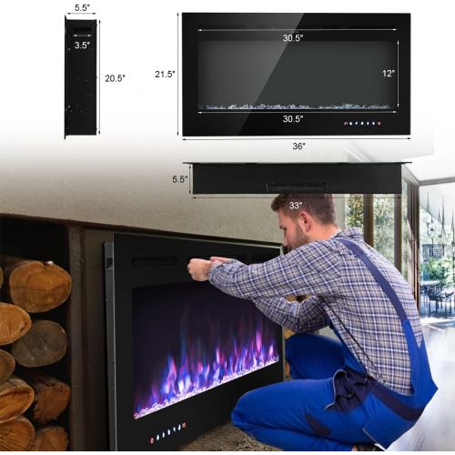 제네릭 Generic Hysache 36 Electric Fireplace, 750W/1500W Recessed Fireplace Heater with 9 Available Flame Color & 5 Brightness, Remote Control, Overheating Protection, 8 H Timer, Suitable for Ind