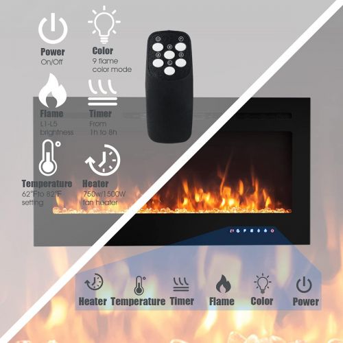 제네릭 Generic Hysache 36 Electric Fireplace, 750W/1500W Recessed Fireplace Heater with 9 Available Flame Color & 5 Brightness, Remote Control, Overheating Protection, 8 H Timer, Suitable for Ind