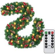 Generic QKXZZ Christmas Garland - 9FT Garland Christmas Decoration with 50 Lighted, Battery Powered Waterproof String Light with Remote Timer 8 Modes, Pre Lit Wreath with Red Berries Snow