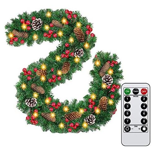 제네릭 Generic QKXZZ Christmas Garland - 9FT Garland Christmas Decoration with 50 Lighted, Battery Powered Waterproof String Light with Remote Timer 8 Modes, Pre Lit Wreath with Red Berries Snow