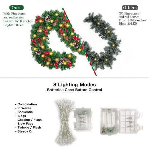 제네릭 Generic QKXZZ Christmas Garland - 9FT Garland Christmas Decoration with 50 Lighted, Battery Powered Waterproof String Light with Remote Timer 8 Modes, Pre Lit Wreath with Red Berries Snow