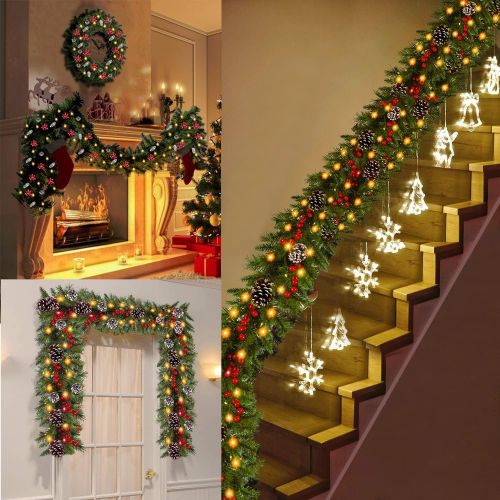 제네릭 Generic QKXZZ Christmas Garland - 9FT Garland Christmas Decoration with 50 Lighted, Battery Powered Waterproof String Light with Remote Timer 8 Modes, Pre Lit Wreath with Red Berries Snow