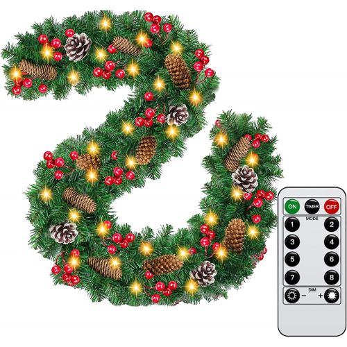 제네릭 Generic QKXZZ Christmas Garland - 9FT Garland Christmas Decoration with 50 Lighted, Battery Powered Waterproof String Light with Remote Timer 8 Modes, Pre Lit Wreath with Red Berries Snow