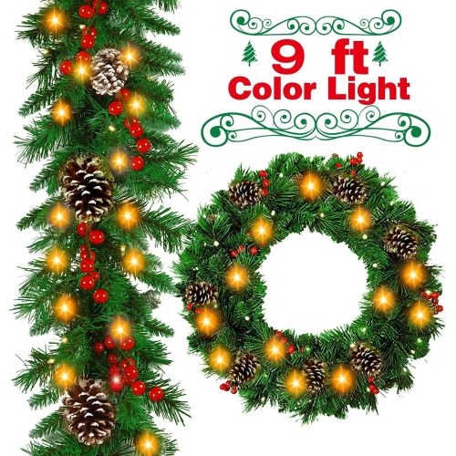 제네릭 Generic QKXZZ Christmas Garland - 9FT Garland Christmas Decoration with 50 Lighted, Battery Powered Waterproof String Light with Remote Timer 8 Modes, Pre Lit Wreath with Red Berries Snow