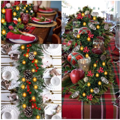 제네릭 Generic QKXZZ Christmas Garland - 9FT Garland Christmas Decoration with 50 Lighted, Battery Powered Waterproof String Light with Remote Timer 8 Modes, Pre Lit Wreath with Red Berries Snow