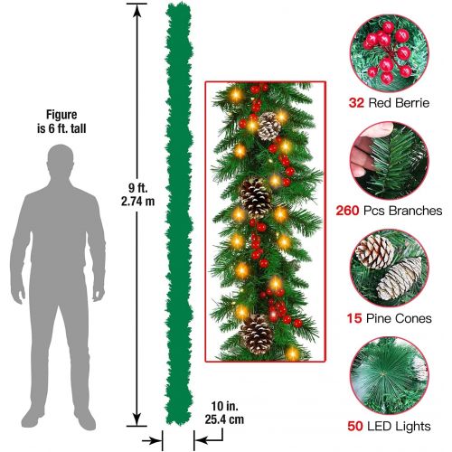 제네릭 Generic QKXZZ Christmas Garland - 9FT Garland Christmas Decoration with 50 Lighted, Battery Powered Waterproof String Light with Remote Timer 8 Modes, Pre Lit Wreath with Red Berries Snow