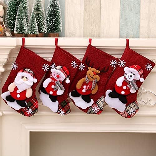 제네릭 Generic Christmas Stockings 4Pieces Set 9 inches Cute Santa Wapiti Snowman Bear Fireplace Stockings Plush 3D Applique