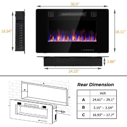 제네릭 Generic Rainfally 30 Inches Electric Fireplace, Wall Mounted Fireplace w/ Adjustable Flame Color, Fire Speed, Hanging Fireplace w/ Touch Screen & Remote Control, Floating Fireplace for TV