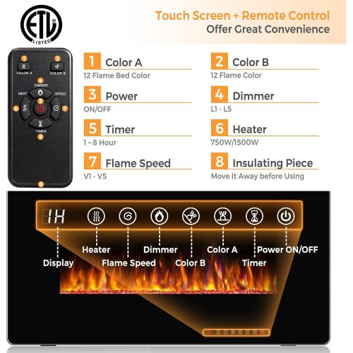 제네릭 Generic Rainfally 30 Inches Electric Fireplace, Wall Mounted Fireplace w/ Adjustable Flame Color, Fire Speed, Hanging Fireplace w/ Touch Screen & Remote Control, Floating Fireplace for TV