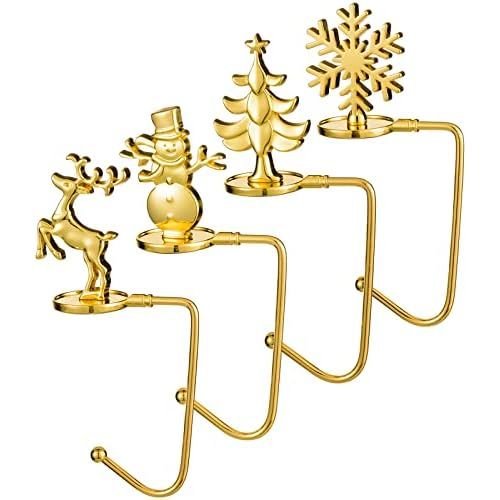 제네릭 Generic Christmas Stocking Holders Metal Snowflake Reindeer Snowman Christmas Tree Mantel Stocking Hangers Fireplace Stocking Hooks for Christmas Party Decoration (Gold, 4)