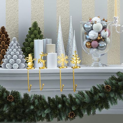 제네릭 Generic Christmas Stocking Holders Metal Snowflake Reindeer Snowman Christmas Tree Mantel Stocking Hangers Fireplace Stocking Hooks for Christmas Party Decoration (Gold, 4)