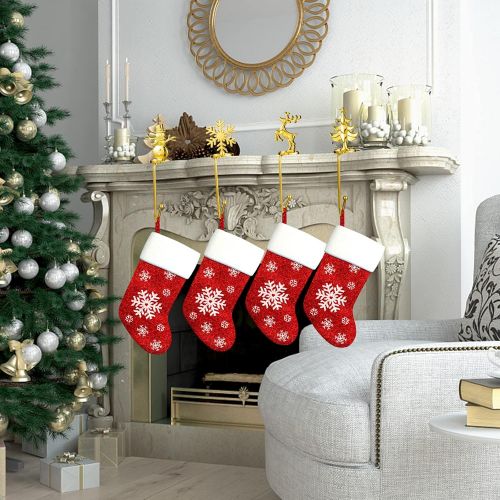 제네릭 Generic Christmas Stocking Holders Metal Snowflake Reindeer Snowman Christmas Tree Mantel Stocking Hangers Fireplace Stocking Hooks for Christmas Party Decoration (Gold, 4)