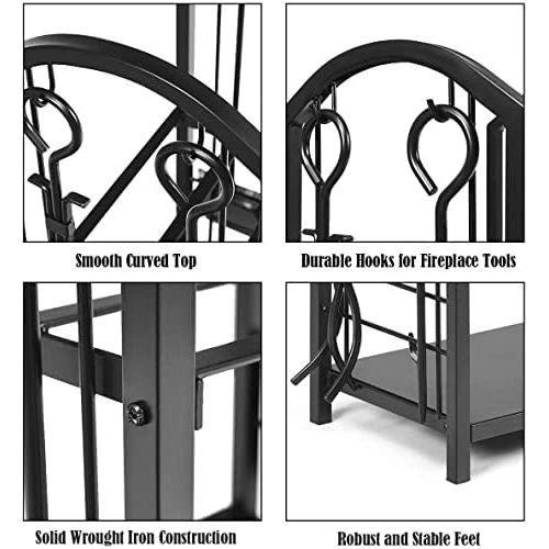 제네릭 Generic Hysache Firewood Rack with 4 Fireplace Tools, Firewood Log Holder Lumber Storage Stacker Fireplace Wrought Iron Logs Bin Holder for Fireplace Tool, Fireplace Accessories Set Indoor