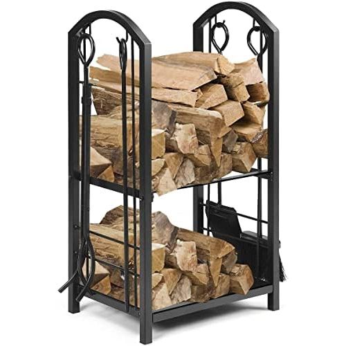 제네릭 Generic Hysache Firewood Rack with 4 Fireplace Tools, Firewood Log Holder Lumber Storage Stacker Fireplace Wrought Iron Logs Bin Holder for Fireplace Tool, Fireplace Accessories Set Indoor