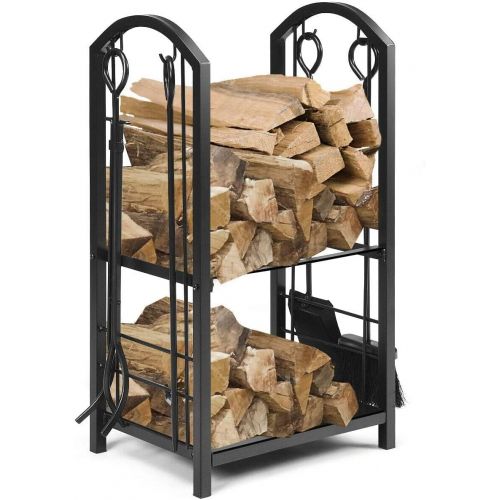 제네릭 Generic Hysache Firewood Rack with 4 Fireplace Tools, Firewood Log Holder Lumber Storage Stacker Fireplace Wrought Iron Logs Bin Holder for Fireplace Tool, Fireplace Accessories Set Indoor