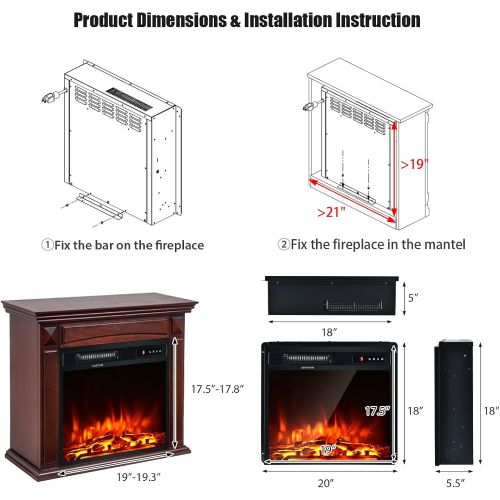 제네릭 Generic Hysache 18 Electric Fireplace, 1500W Recessed Mounted Heater w/ 5 Flame Intensities, 2 Working Modes, Remote Control & Timing Function, Freestanding Electric Stove Heater for Home