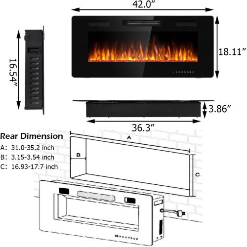 제네릭 Generic Hysache 42” Recessed Electric Fireplace, Fireplace Insert with 12-Color Changing, 5 Brightness Option, 750W/1500W Fireplace with Thermostat, Remote and 8H Timer Ideal for Indoor Us