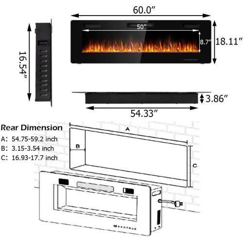 제네릭 Generic Mayjooy 60” Electric Fireplace Insert, 750W/1500W LED Fireplace w/Remote Control, 8H Timer & 12 Flame Colors, Wall Mounted Fireplace, Fireplace Heater, Recessed Electric Fireplace