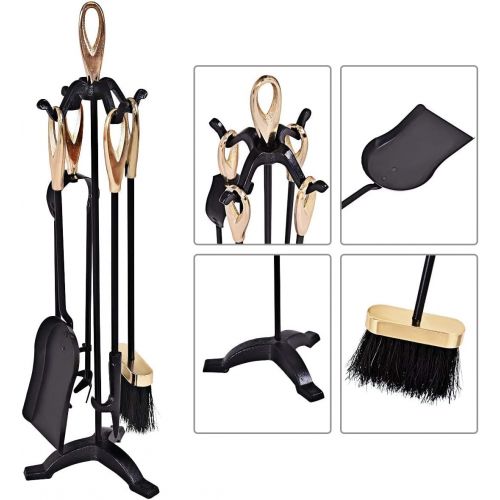 제네릭 Generic BUSHLY 5 Pieces Fireplace Tools Set, Wrought Iron Indoor Outdoor Fire Place Tools Set, Hearth Tools with Pedestal Base, Fireplace Brush, Shovel, Fire Poker, Firewood Tong (Gold)