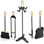 Generic Julimoon 5 Pieces Fireplace Tools Set, Wrought Iron Fire Place Tools w/Poker, Shovel, Tongs, Brush, Stand, Hearth Accessories Set for Fireplace Pit, Outdoor, Indoor, Stove (Gold)